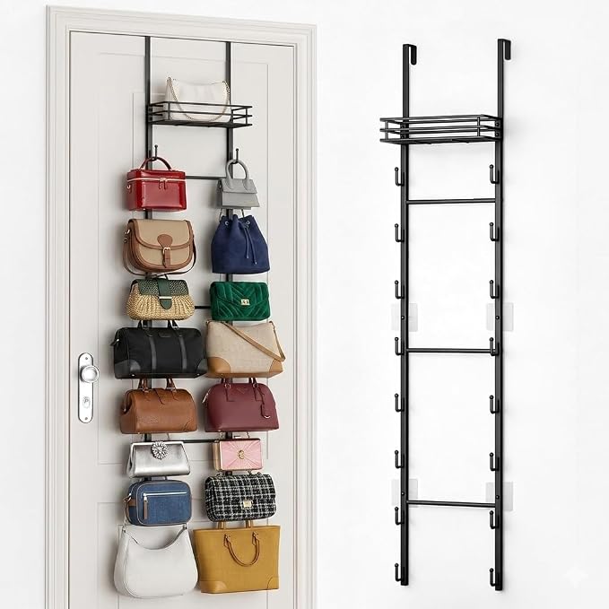 Over The Door Purse Organizer, Handbag Organizer Wall Mounted Purse Rack with 16 Hooks & Metal Basket, Hanging Handbag organizer Holds 16 Bags, 2 in 1 Dual Use for Door & Closet
