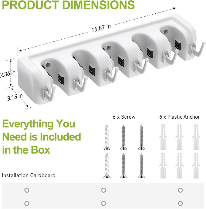 LETMY Broom Holder Wall Mount - Mop and Broom Hanger Holder - Garage Storage Rack & Garden Tool Organizer - 5 Position 6 Hooks Broom Rack for Home, kitchen, Garden, Tools, Garage Organization - White