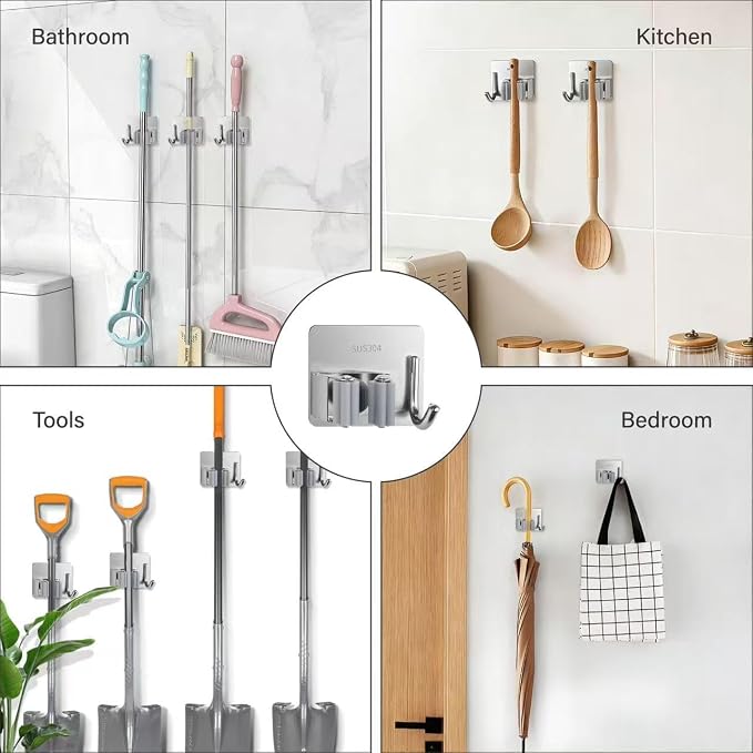 5 Pack Mop and Broom Holder Wall Mount, Silver Stainless Steel Mop and Broom Hanger with Hooks, Mop Broom Organizer for Closet Laundry Garage Garden Tool Organizer (Silver)