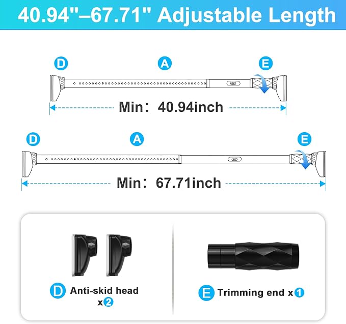 Closet Rods For Hanging Clothes,41-67 In(3-6ft) Extra Long Tension Rod For Closet,Adjustable Rod Without Drilling 33lb Heavy Duty Closet Rods Diameter 1.26in-One-Bond Stretching,Black