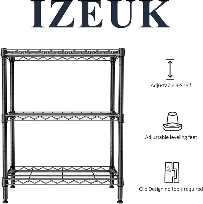 3 Tier Wire Shelving Unit, Small Metal Wire Shelf for Kitchen & Bathroom | 11.8" D X 25.6" W X 31.5" H Adjustable Black Storage Shelf, 750 LBS Shelf Rack Organizer for Bedroom, Office and Small Spaces