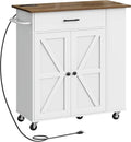 CHOEZON Kitchen Island Cart with Storage, Bar Cart with Charging Station, Kitchen Island on Wheels, Rolling Mobile Table with Cabinet, 3 AC Outlets, White and Walnut MZD04UWL