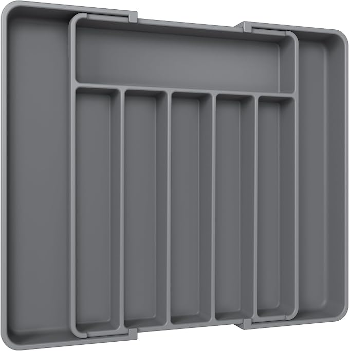 Aujen Silverware Organizer - Expandable Kitchen Drawer Organizer, Adjustable Utensil Organizer, Cutlery Tray for Forks, Knives, Multipurpose Kitchen Organizers and Storage Solution, Grey, Large