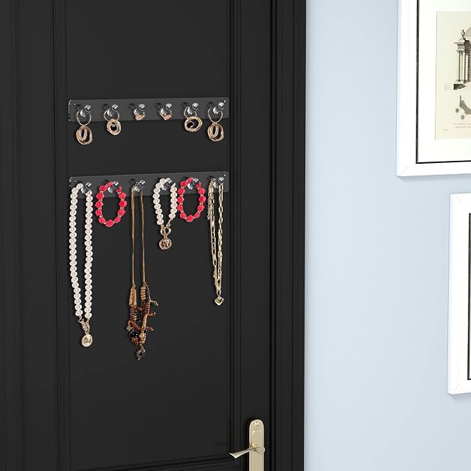 AITEE Acrylic Necklace Holder Organizer Wall Mounted with 6 Hooks, 2 PACK | 11.3x1.38, prevents tangles, hangs necklace, jewelry, bangles, bracelets, rings, for home, best gifts for girls and women