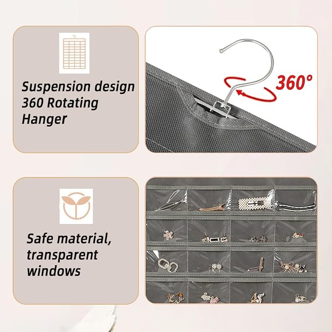 Hanging Jewelry Organizer Storage Earring Jewelry Storage Bag With 48 Pockets Necklace Bracelet Ring Glasses Accessory Display Rack (B80-Black)