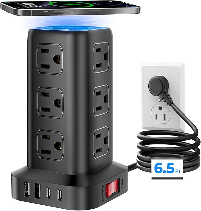 Power Strip with 12 Outlets 4 USB (1 USB C), 6.5Feet Extension Cord with Multiple Outlets, Charging Station, Power Strip Tower, Home Office Desk Supplies