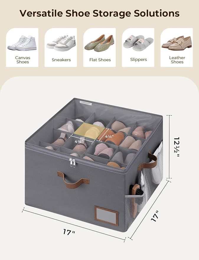 StorageWorks Fabric Shoe Storage Organizer for Closet, Up to 16 Pairs, Gray | Fixed Compartments, Clear Lid & Label Window, Side Mesh Pocket for Accessories, Soft Handles, Fits Flats, Sandals & Low-Tops