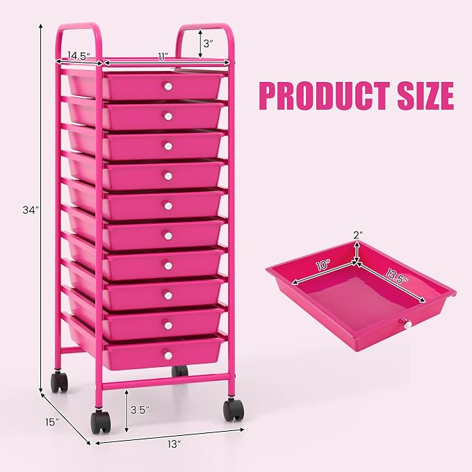 GOFLAME 10-Drawer Rolling Storage Drawer Cart, Utility Cart with Removable Drawers & Metal Frame, Mobile Art Craft Drawer Cart with Lockable Wheels for Home, Office, Studio, School, Hot Pink