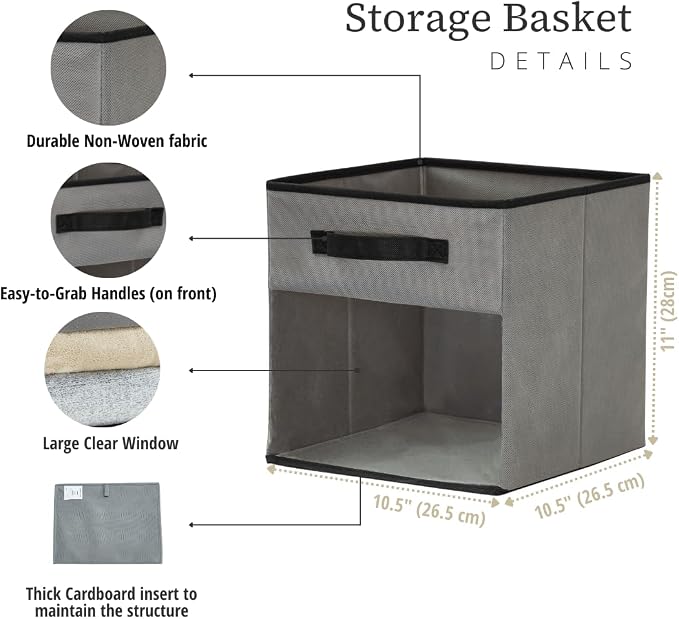DECOMOMO Storage Bins, Cube Storage Bin with Window | 11" Cube, 6 Pack, Fabric Storage Cubes for Shelves (Grey)