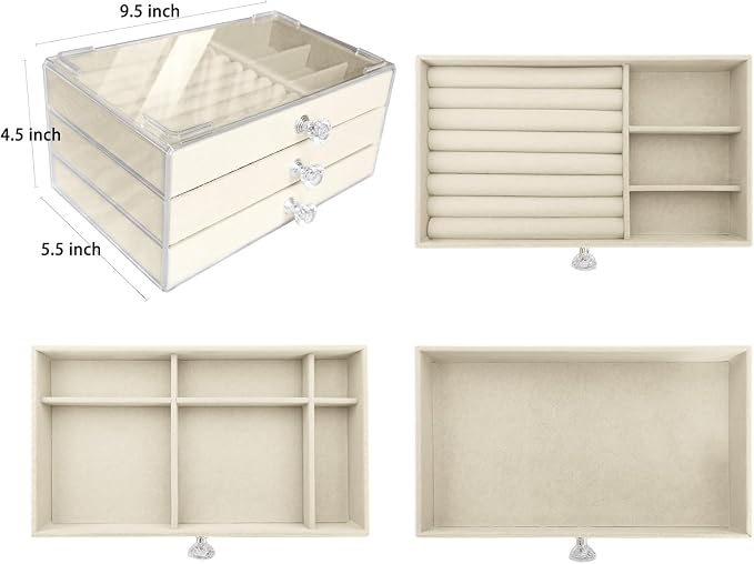 Clear Acrylic Velvet Jewelry Organizer with 3 Drawers, Stackable Display Storage Earrings Necklace Rings Bracelets Box Holder Case for Women, Beige