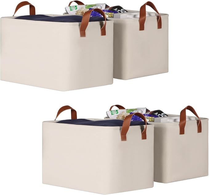 KEEGH Storage Baskets for Organizing Cube Storage 15 in, 4 Pack, Beige | Fabric Material, With Leather Handle, Closet Organization, Storage Bins for Living, Bedroom, Study