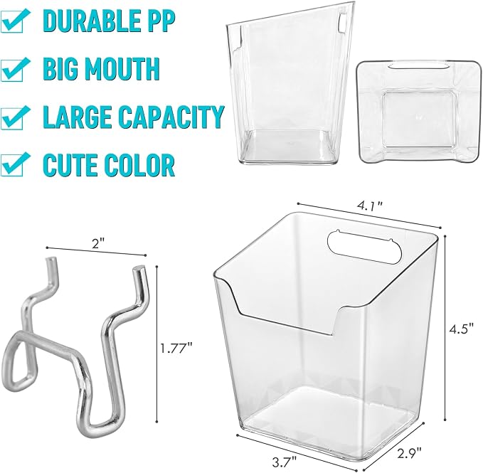 G.CORE Large Pegboard Cups Peg Board Storage Bin 6 Pack with Hooks, Square Box Shape Pegboard Cup Holder Accessories for Garage Workbench/Craft Room/Office/Playroom/Home Kitchen Organization (Clear) | Big Open-Mouth Cups, 1/8" 1/4" Pegboard Organizer A...