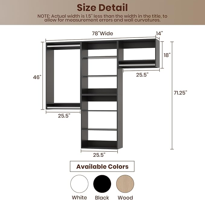 ROOMTEC Modular Closet System, 78" Wall-Mounted Closet Organizer with Hanging Rods, Modern Wooden Tower for Walk-In Closets, Wardrobe Storage Kit, Black