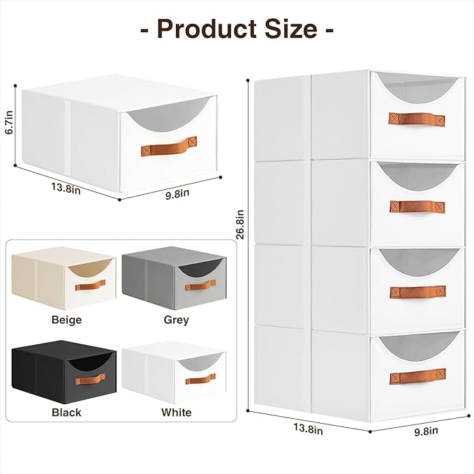 Homsorout Stackable Storage Drawers - Collapsible Storage Bins with Drawers, 4 Pack Closet Shelf Organizer Basket, Fabric Pull Out Organizer for Bedroom, Living Room, Dorm, White