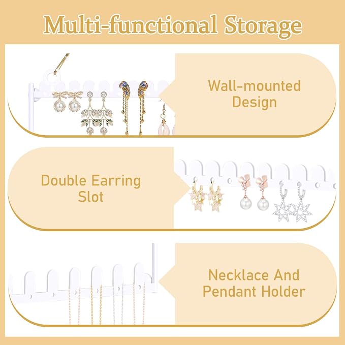 6 Tier Earring Holder Wall Mounted Hanging Earring Organizer White ﻿ | Earring Display Storage with 123 Holes and 129 Grooves Jewelry Organizer Tree for Stud/Hoop/Dangle Earrings Necklace