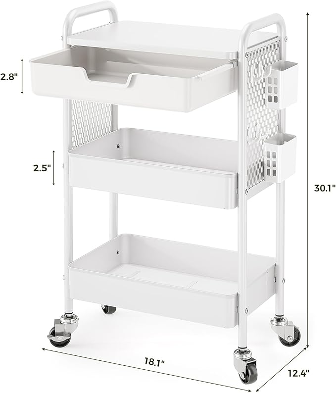 3 Tier Metal Rolling Utility Cart with Drawer & Pegboard - Multifunctional Storage Cart on Wheels with Tabletop, Hooks & Basket, Sturdy Craft & Art Cart for Bathroom, Bedroom, Children Room, White