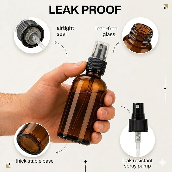 2 Oz (Pack of 2) Amber Glass Spray Bottles BPA Free | Tincture Bottle With Measured Spray, Leakproof Essential Oils Bottles For Health, Personal Care & Beauty