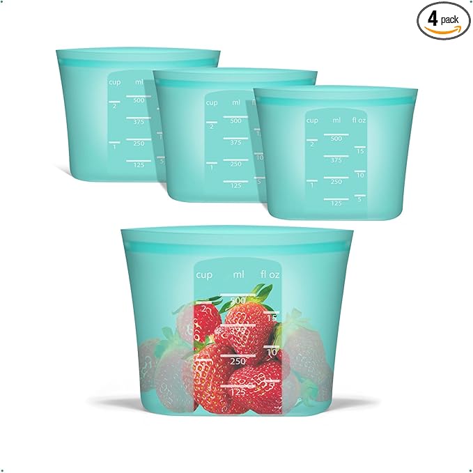 Reusable Snack Bags, 4 Pack, Stand Up 100% Silicone Reusable Storage Bag, Ziplock Silicone Food Storage Containers Snack Size, Freezer Microwave Oven Dishwasher Safe, Aqua, 16oz