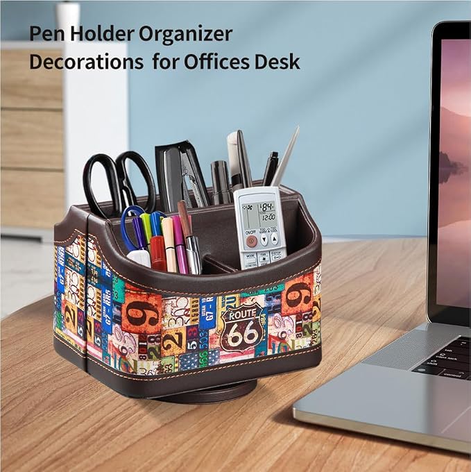 PUSU Remote Control Holder,Colorful Pattern Nightstand TV Caddy,Pen Holder | PU Leather 360 Degrees Rotatable Desktop Organizer Storage Box for TV Remotes/Media Controllers/Office Supplies/Mail