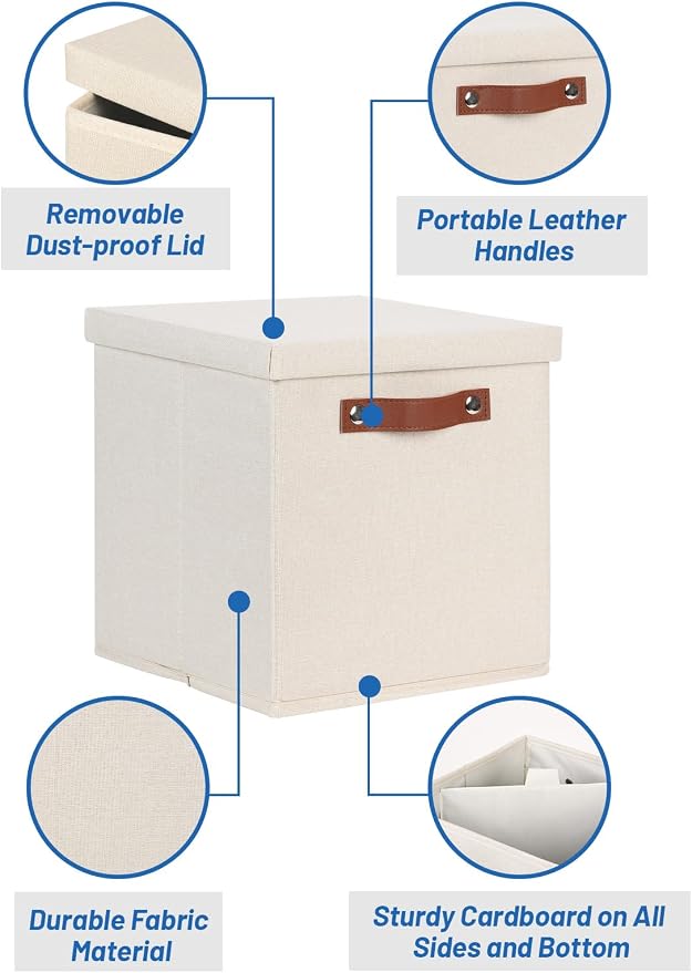 Temary Foldable Fabric Storage Bins with Lids, 2-Pack Storage Bin for Organizing Living Room, Closet Organization, Multi-Purpose Storage Boxes for Clothes (Beige, 10.5x10.5x10.5 inch)