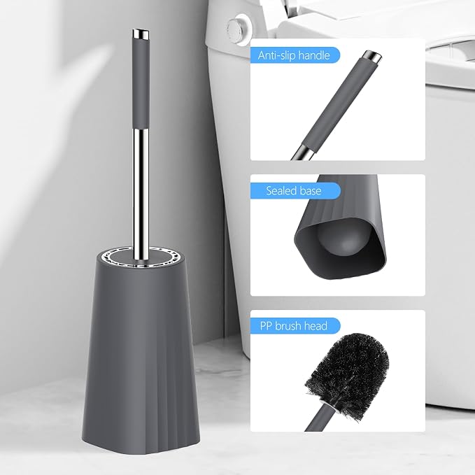 SetSail Toilet Brush, Compact Size Toilet Bowl Brush and Holder Toilet Brushes for Bathroom with Stainless Steel Handle Toilet Cleaner Brush with Durable Scrubbing Bristles, 3 Packs，Grey