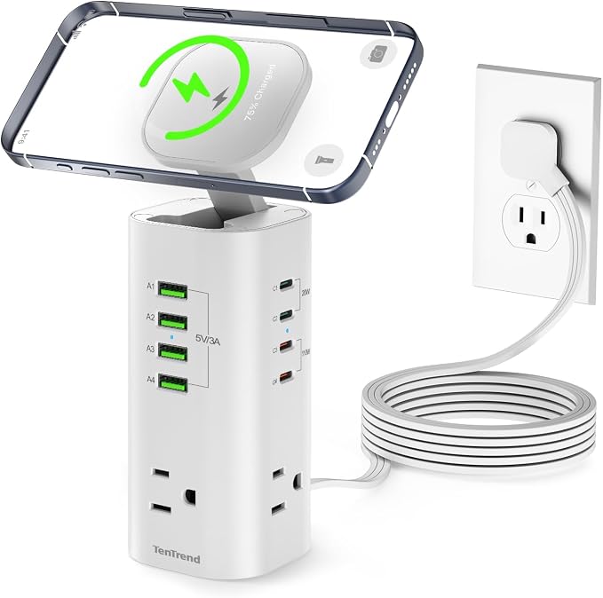 160W Fast Charging Station, TenTrend Power Strip Tower, 5FT Extension Cord | Charging Tower with 3AC Outlets & 8 USB Ports(4 USB-C), Foldable 15W Charging, Dorm, Office Desk Supplies