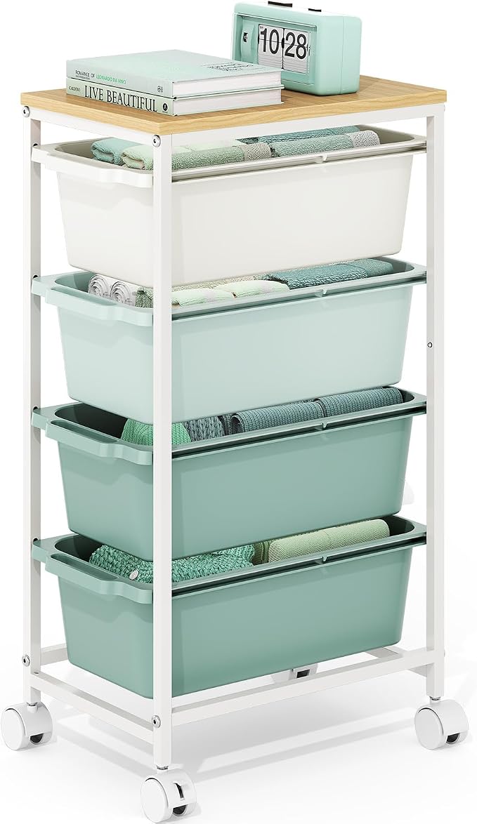 Slim Rolling Storage Cart with 4 Drawers, Craft Organizer, Wooden Tabletop Utility Cart for Bedroom, Children's Room and Office Organization, Table Side Trolley with Lockable Wheels, Green