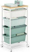 Slim Rolling Storage Cart with 4 Drawers, Craft Organizer, Wooden Tabletop Utility Cart for Bedroom, Children's Room and Office Organization, Table Side Trolley with Lockable Wheels, Green