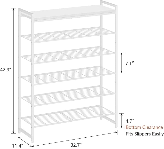 6 Tier Shoe Rack Organizer for 24-30 Pairs, Tall Metal Shoe Storage Shelf with Wood Top, Adjustable Boot Space, Narrow Design for Entryway Closet, White