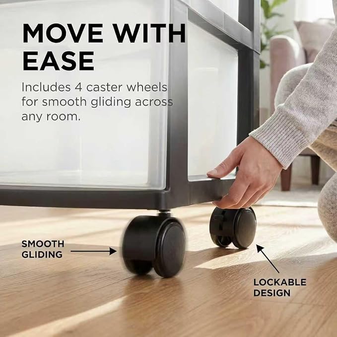 3 Drawer Plastic Storage Cart, Clear Rolling Home Office Organizer Black | Removable wheels switch between rolling mobility & stationary stability for any room.