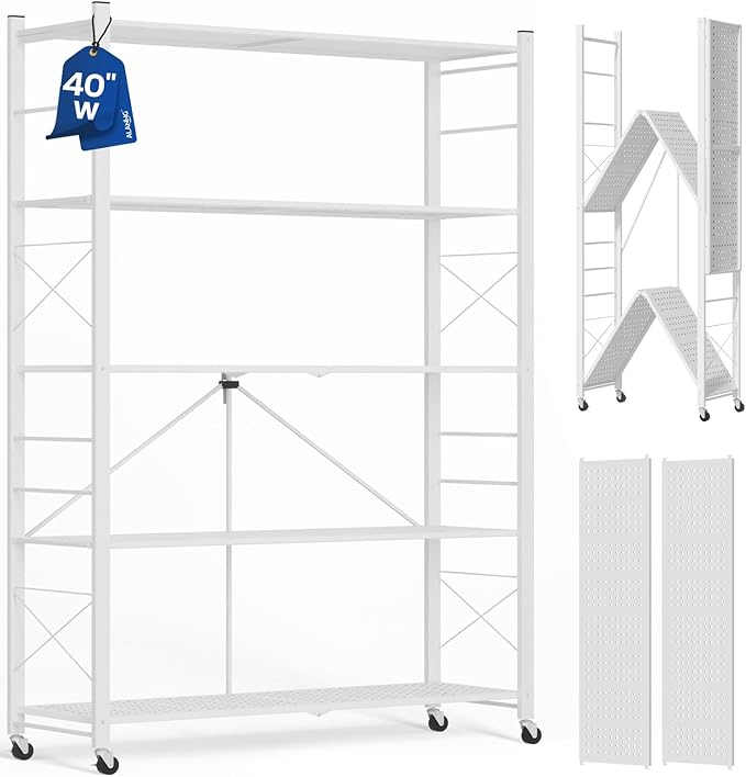 ALANNG 40" W Foldable 5-Tier Storage Shelves on Wheels Adjustable | Removable Metal Rack, Heavy Duty Rolling Organizer for Kitchen, Garage, Closet, Pantry, and Office (White,1 Pack)