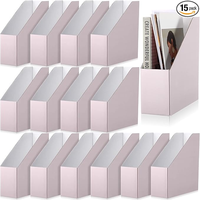 Teling 15 Pack Pink Magazine File Holder, 10.6" H x 10.2" L x 3.5" W, Foldable Cardboard Document Storage Box for Shelves, Book Bin Desk Organizer for Office Home Classroom