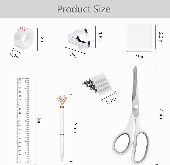 suniya Office Supplies,Desk Accessories,with Stapler,Tape Dispenser,Staple Remover,Scissor,Ballpoint Pen,Sticky Notes,Clear Tape,Staples,Desk Organizer,Ruler,Binder,Best Gift Set(White)