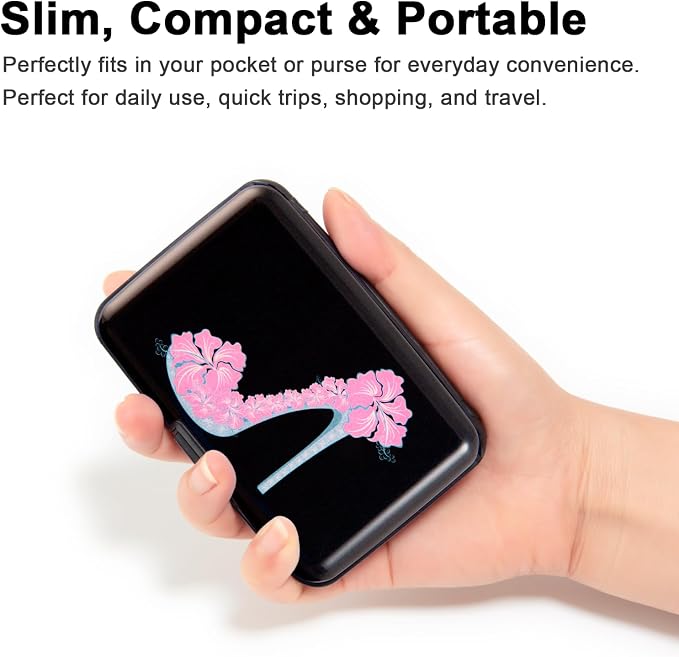 Credit Card Holder, Metal Card Wallet RFID Blocking Mini Slim Aluminum Business Hard Card Case for Women Men (Flower High Heels)
