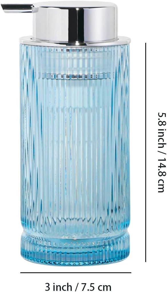 Foaming Soap Dispenser, Glass Foam Hand Soap Dispenser with Pump, 14 Oz Bathroom Refillable Liquid Lotion Pump Ribbed Bottle Container for Kitchen Countertop Decor (1, Blue Silver)