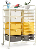 LUARANE Rolling Cart with 15 Drawers, Craft Storage Cart with Portable Handles & Lockable Wheels, Mobile Toys Organizer, Large Capacity Utility Drawer Cart Home Office School Teacher (Yellow)