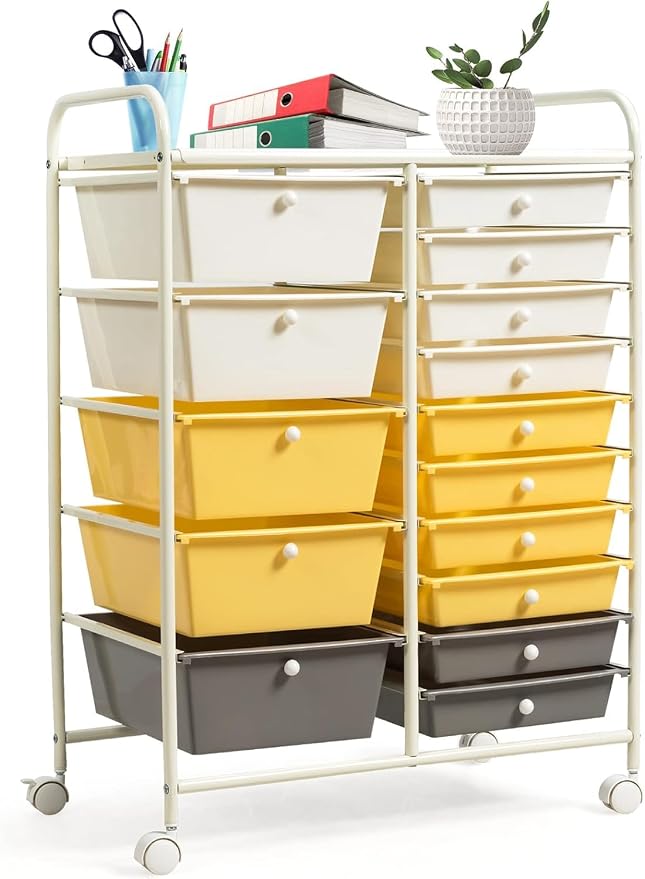 LUARANE Rolling Cart with 15 Drawers, Craft Storage Cart with Portable Handles & Lockable Wheels, Mobile Toys Organizer, Large Capacity Utility Drawer Cart Home Office School Teacher (Yellow)