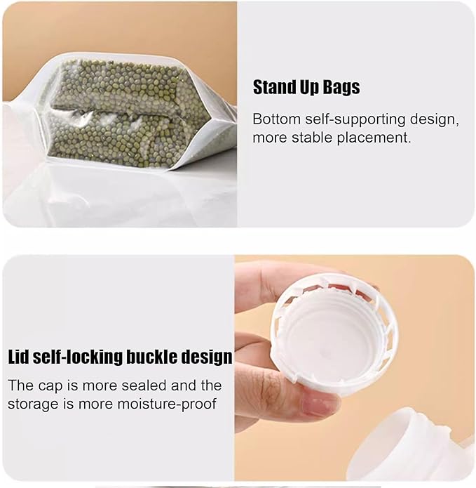 【15 Pack】Food Storage Bags Grain Moisture-proof Sealed Bags Stand Up Packaging Pouches Large Reusable Sealed Bag with Handle and Cap BPA Free,5.5"x8.8"