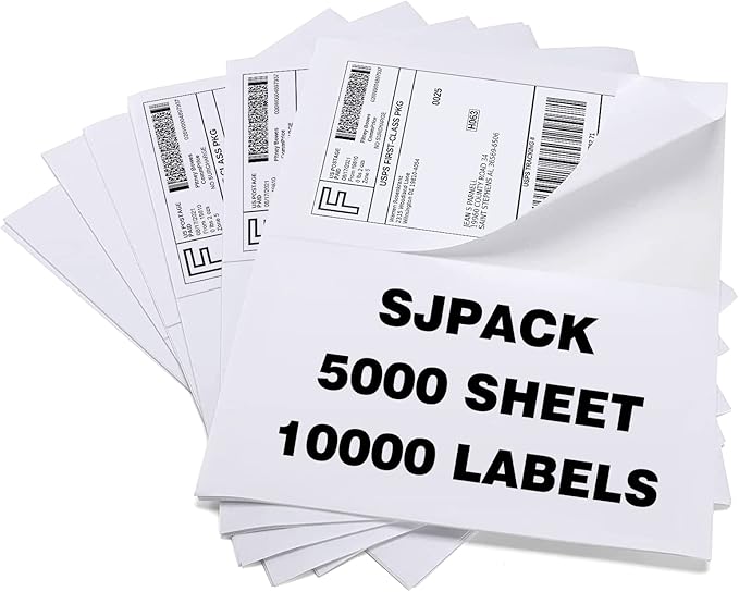 SJPACK 10000 Half Sheet Laser/Ink Jet Shipping Label 5-1/2" X 8-1/2" Blank White Labels(10000 Labels)