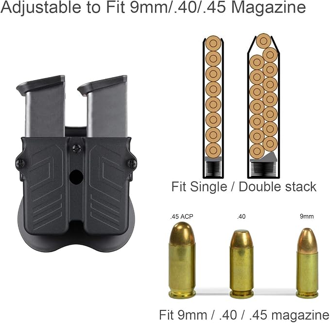 Double Magazine Holder, 9mm 10mm 40 45 Single & Double Stack Magazine Pouch, Universal Magazine Holster for Glock/Sig sauer/S&W/Beretta/Taurus/H&K/Springfield/CZ/Ruger/1911 Mags