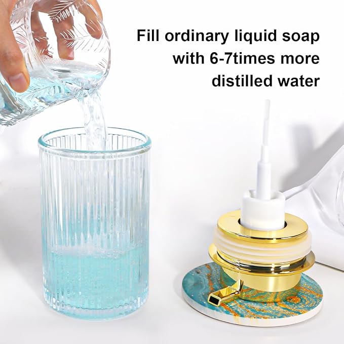 Foaming Soap Dispenser, Bathroom Clear Glass Foam Soap Dispenser, Refillable 12 Oz Foam Pump Bottle Container with Gold Pump, Decorative Slim Ribbed Dish Soap Dispenser for Kitchen