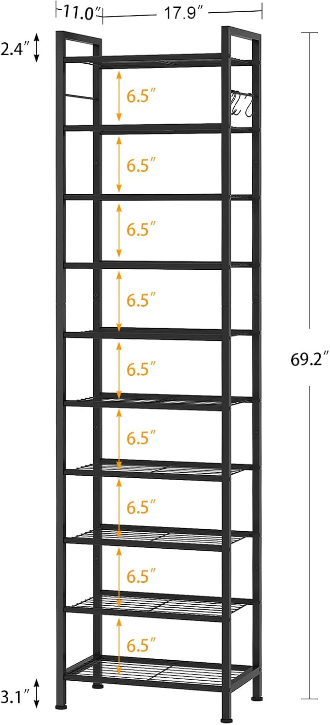 usikey 10 Tiers Narrow Shoe Rack 20-30 Pairs, Sturdy Metal Tall Shoe Rack Shelf with 4 Hooks, Slim Shoe Storage with Metal Shelf, Space Saving Vertical Shoe Organizer for Closet Entryway, Black