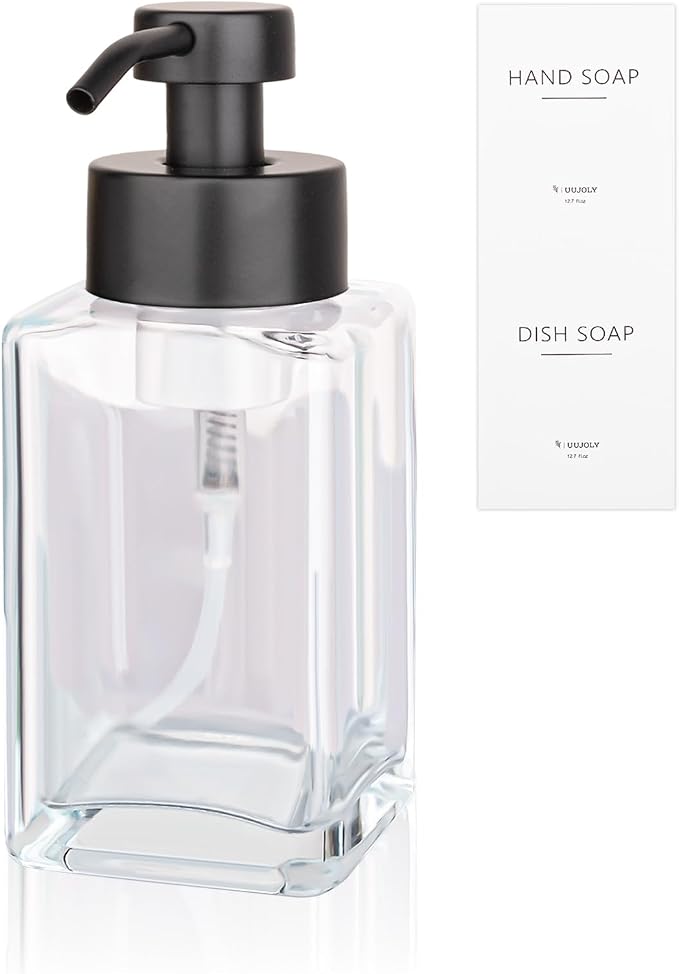 Foaming Soap Dispenser with Stainless Steel Pump, 12oz Refillable Glass Liquid Dish Soap Bottles for Bathroom, Kitchen Sink, Home Decor