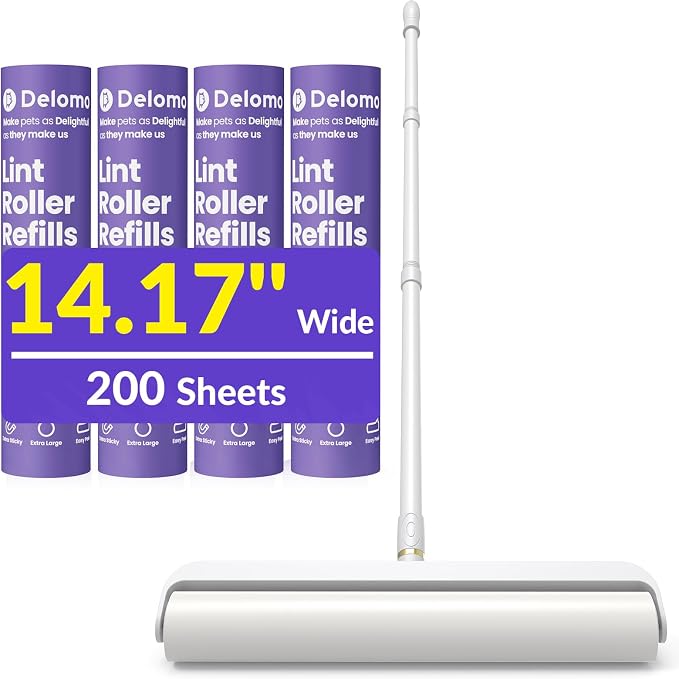 DELOMO 14.17” Large Lint Roller for Pet Hair, Long Handle for Floor, Carpet | 45” Long Lint Roller, 360 Extra Sticky Sheets, No-Bend Cleaning for Couches, Bedding, Car Seats, Rugs and Furniture