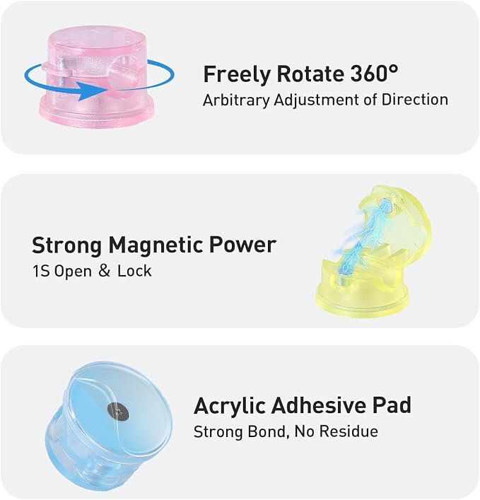 AGPTEK 8 Pack Magnetic Cable Clips, 360° Rotatable Cord Holder, Colorful | Cable Holder for Nightstand, Desk Cord Organizer Adhesive Wire Management Home Phone Charging Cords USB Cable Keeper