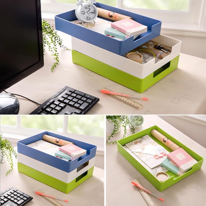 Stackable Letter Tray, 2 Pack Blue, Desk Organizer | Plastic stackable letter tray, fits A4/letter. Anti-skid stacking support. Desktop file organizer for office, school, home.