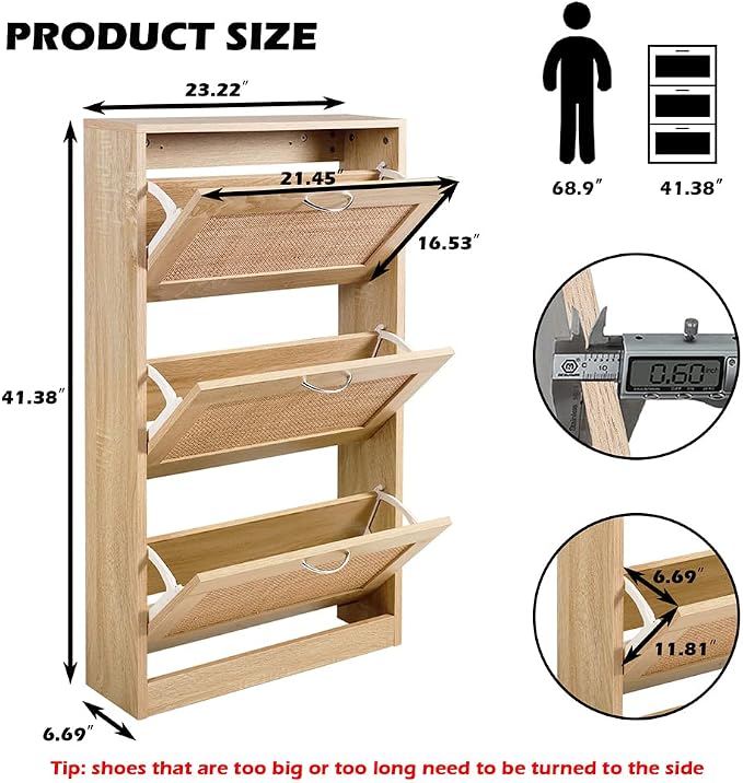 HOPUBUY Shoe Cabinet for Entryway, Narrow Shoe Storage with 3 Flip Drawers | Wood Slim Shoe Rack, 3 Tier Thin Shoe Organizer for Home and Apartment,Nature Rattan