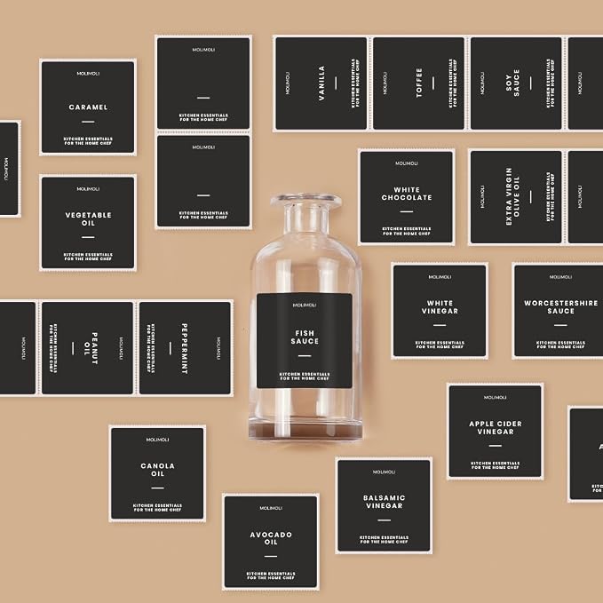 MoliMoli Black Minimalist Pantry & Kitchen Organization Labels Set - Including Oil, Sauce, Wine & Coffee Syrup Labels