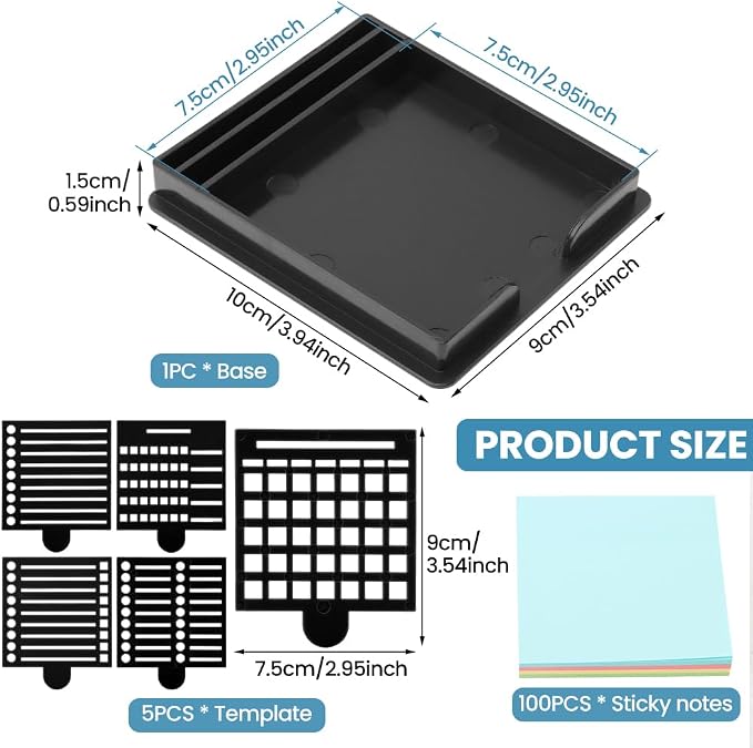 Sticky Note Holder with 5 Different Stencil & 100 Sheet Post It Notes, 3x3 inch Sticky Pads Dispenser with Line Box Drawing Template for Office and Home(COLOR:black)