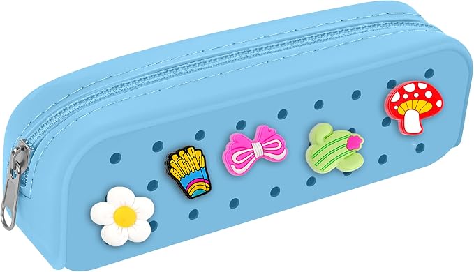 BestStone Silicone Small Pencil Pouch – Small Pencil Case with DIY Holes and 10 Decorative Charms, Multipurpose Makeup Bag or Stationery Organizer, Large Capacity(Blue)